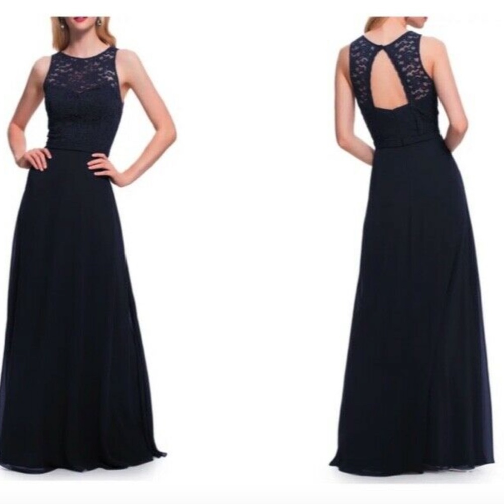 Levkoff Slate Lace Bodice Chiffon A-Line Gown 6